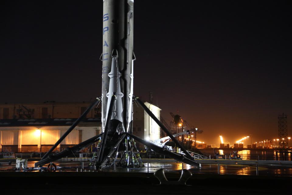 The SpaceX Falcon 9 rocket booster makes it's way into the port of Los Angeles Tuesday morning, Jan. 17, 2017. A SpaceX Falcon 9 rocket blasted off from California on Saturday, Jan. 14 and placed a constellation of satellites in orbit, marking the company's first launch since a fireball engulfed a similar rocket on a Florida launch pad more than four months ago.(Chuck Bennett /The Daily Breeze via AP)