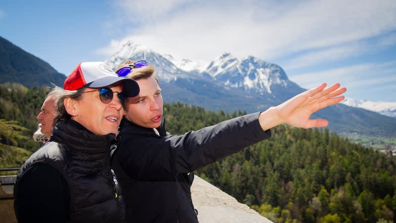 Arthur Bauchet shows Christophe Dubi, Olympic Games Director at the IOC, the ski resort of Serre-Chevalier in Villeneuve-la-Salle, France, on April 24, 2024.