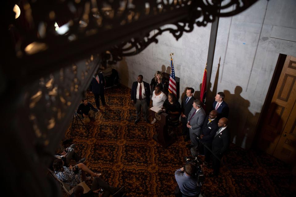 Democrats hold a news conference at the end of session at Tennessee Capitol in Nashville, Tenn., Thursday, April 25, 2024.