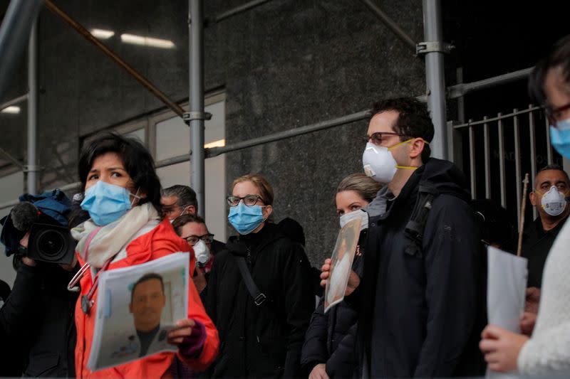 Healthcare workers at Mount Sinai Hospital hold a protest demanding critical Personal Protective Equipment (PPE) to handle patients during the outbreak coronavirus disease (COVID-19) outbreak, in New York