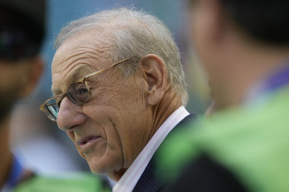 Miami Dolphins owner Stephen M. Ross watches the team warm up before an NFL football game against the New York Jets, Sunday, Jan. 8, 2023, in Miami Gardens, Fla. (AP Photo/Rebecca Blackwell)