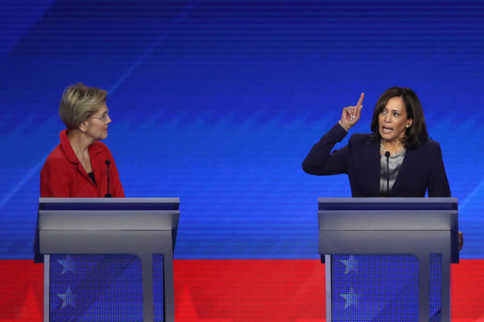 Democratic presidential candidate Sen. Elizabeth Warren (D-MA) looks on as Sen. Kamala Harris (D-CA) speaks during the Democratic Presidential Debate on September 12, 2019 in Houston, Texas.<span class="copyright">Win McNamee—Getty Images</span>