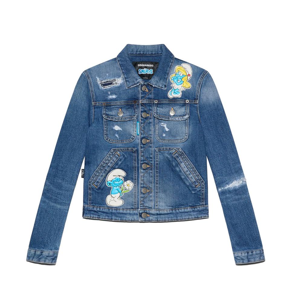 A women's denim jacket included in the Dsquared2 and The Smurfs collaboration.