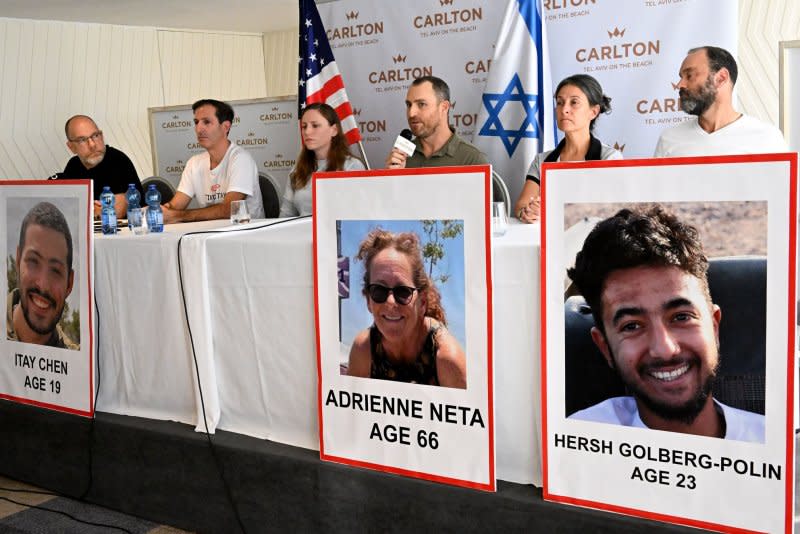 American-Israeli families whose loved ones are missing and believed to be held hostage by Hamas in Gaza told reporters Tuesday at a press conference in Tel Aviv, Israel that they have received "zero communication" from the U.S. and Israeli governments. Photo by Debbie Hill/UPI