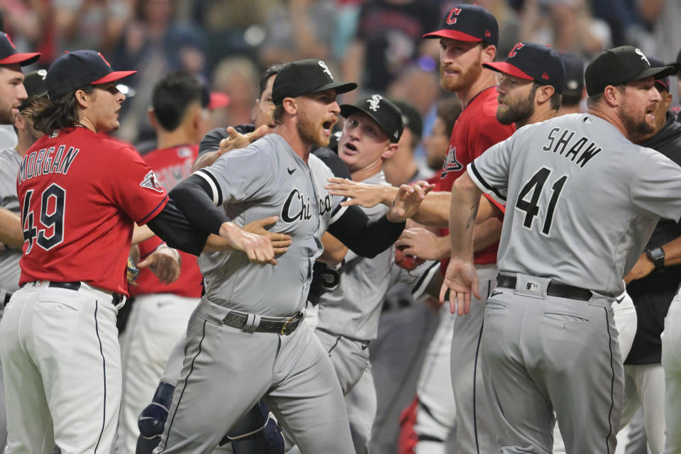Aug 5, 2023; Cleveland, Ohio, USA; Chicago White Sox starting pitcher <a class="link " href="https://sports.yahoo.com/mlb/players/10412" data-i13n="sec:content-canvas;subsec:anchor_text;elm:context_link" data-ylk="slk:Michael Kopech;sec:content-canvas;subsec:anchor_text;elm:context_link;itc:0">Michael Kopech</a> (34) yells at Cleveland Guardians relief pitcher <a class="link " href="https://sports.yahoo.com/mlb/players/11625" data-i13n="sec:content-canvas;subsec:anchor_text;elm:context_link" data-ylk="slk:Emmanuel Clase;sec:content-canvas;subsec:anchor_text;elm:context_link;itc:0">Emmanuel Clase</a> (48) during the sixth inning at Progressive Field. Mandatory Credit: Ken Blaze-USA TODAY Sports