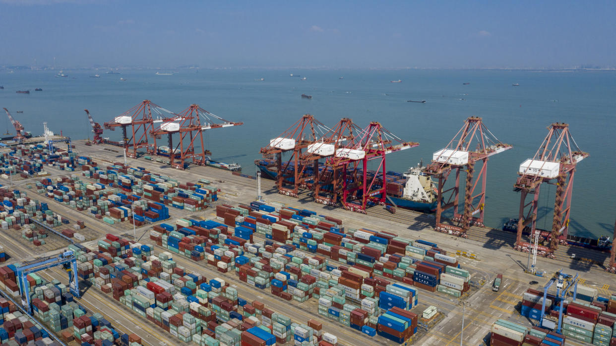 GUANGZHOU, CHINA - FEBRUARY 23: Aerial view of containers at the Port of Nansha on February 23, 2020 in Guangzhou, Guangdong Province of China. (Photo by VCG/VCG via Getty Images)