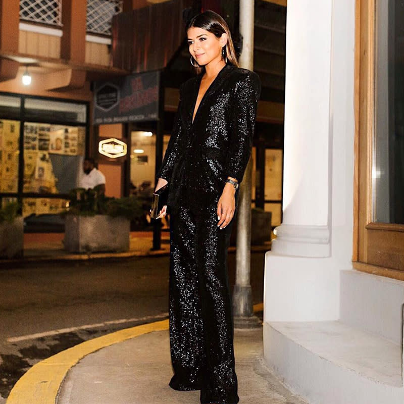 Pam Hetlinger In The Rixey Fluid Sequin Blazer And Maida Wide-Leg Fluid Sequin Pants