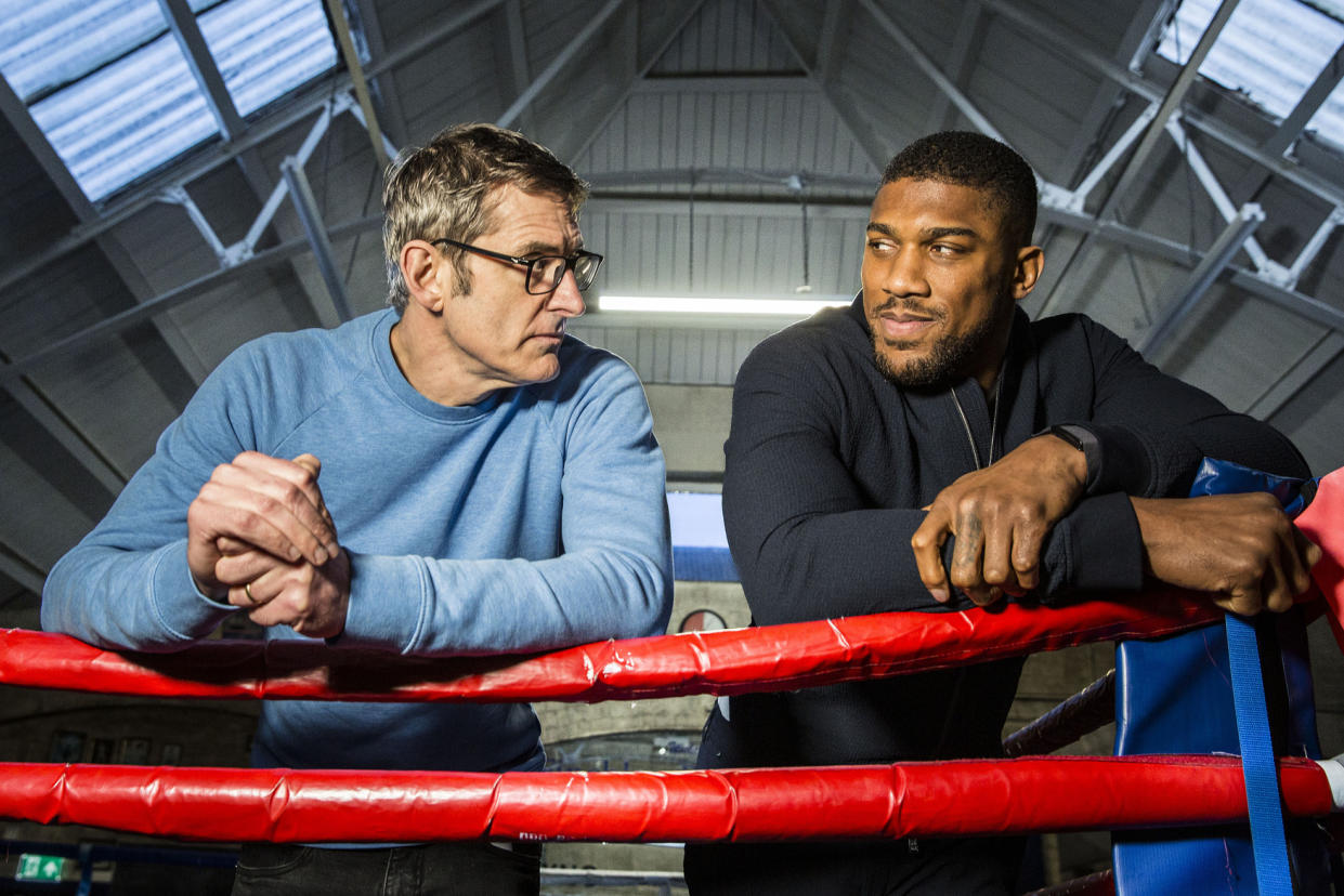 Louis Theroux in a boxing ring with Anthony Joshua. (BBC/Mindhouse)