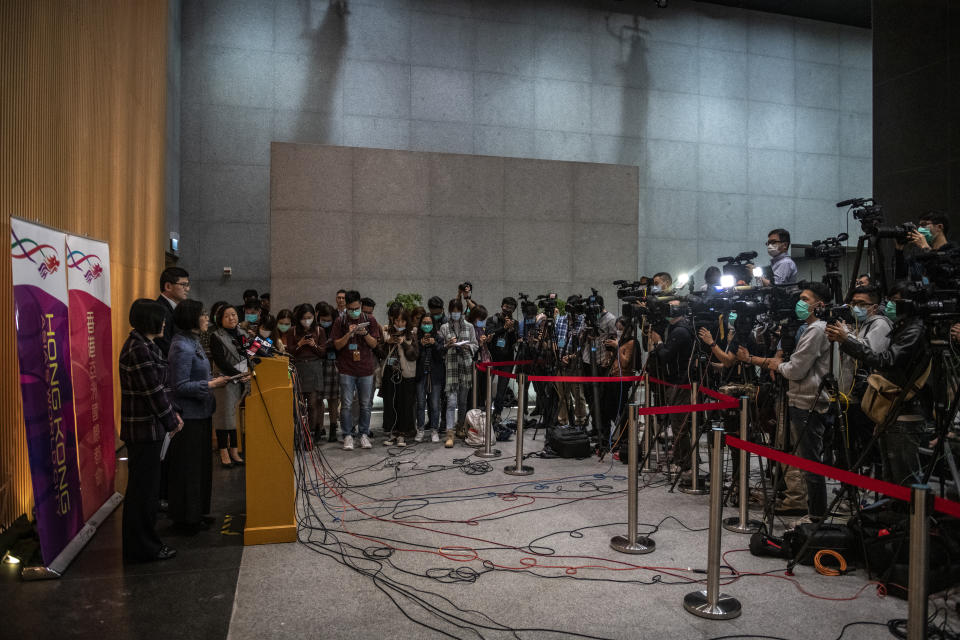 Secretary for Food and Health, Professor Sophia Chan, The Director of Health, Dr Constance Chan, and the Chief Executive of the Hospital Authority, Dr Tony Ko are seen during a press conference inside the Central Government Complex on January 22, 2020 in Hong Kong, China. Hong Kong has reported it's first case of Coronavirus which infected over440 people in China and killed 9 people in Wuhan. (Photo by Vernon Yuen/NurPhoto)