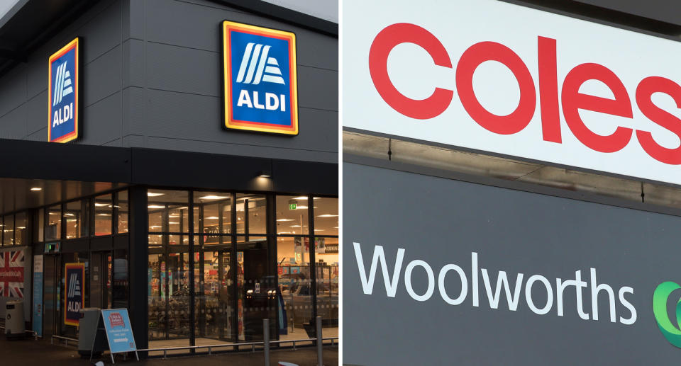 Exterior photos of Aldi, Coles and Woolworths.