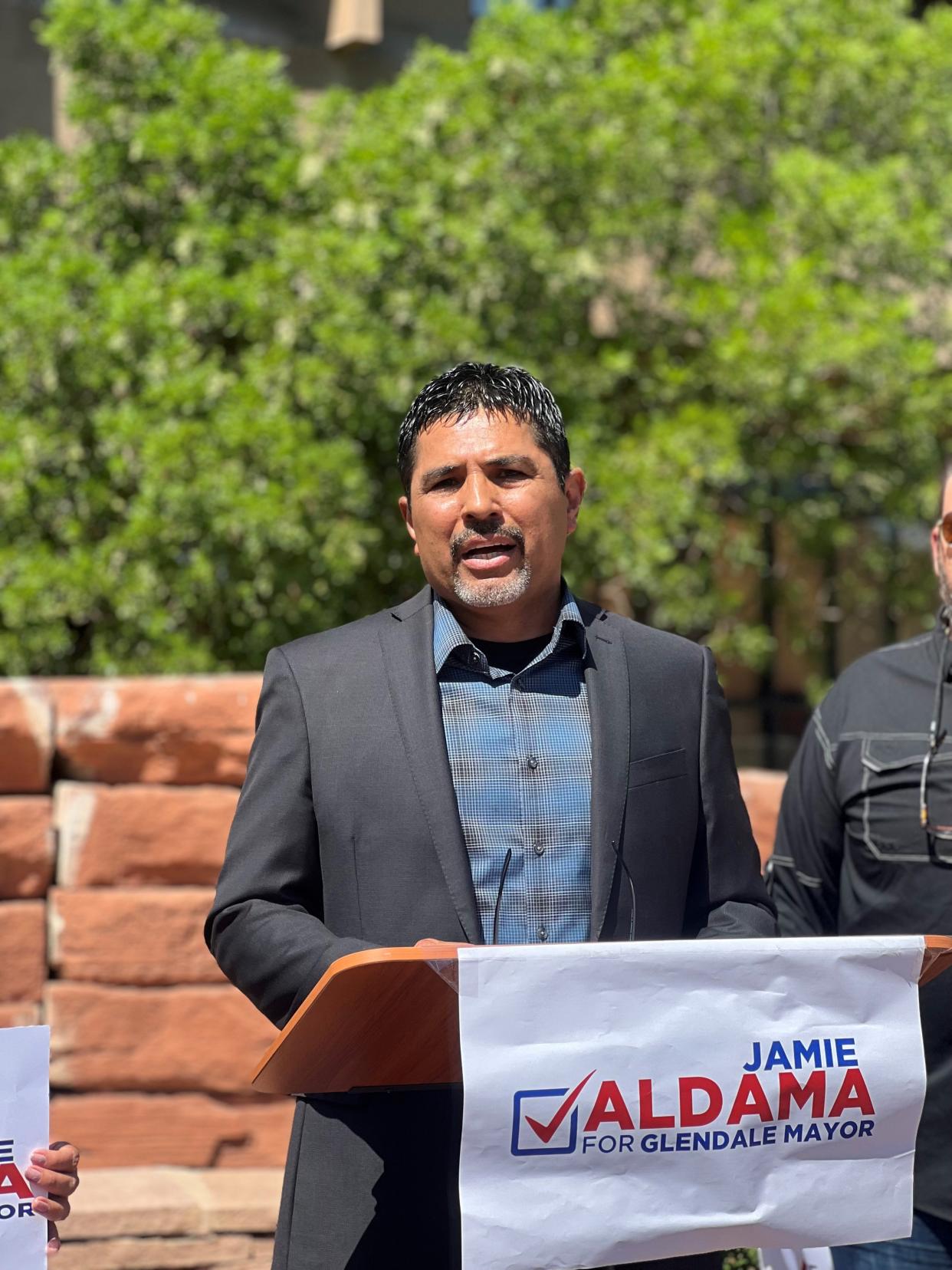 Glendale Councilmember Jamie Aldama announces his bid for mayor on Tuesday, May 16, 2023, in downtown Glendale. He is the third politician to enter the race and will run against current Mayor Jerry Weiers and former state Sen. Paul Boyer.