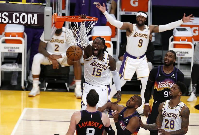 LOS ANGELES, CA - MAY 09: Los Angeles Lakers center Montrezl Harrell (15) slam dunks.