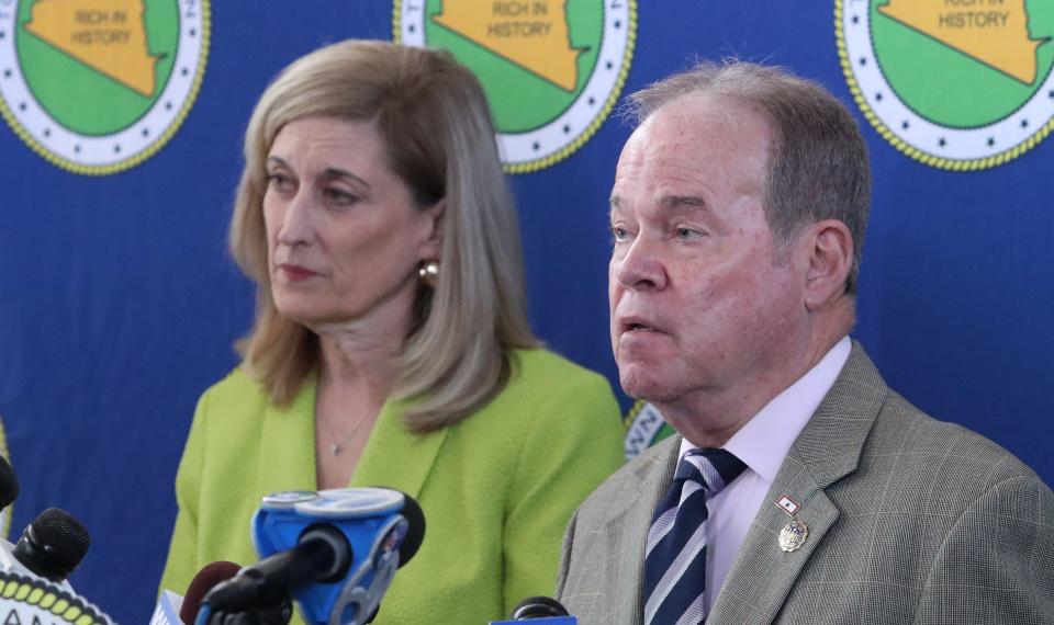 Orangetown Supervisor Teresa Kenny and Rockland County Executive Ed Day speak at Orangetown Town Hall about the efforts to block migrants from New York City from being bused to Rockland May 10, 2023.