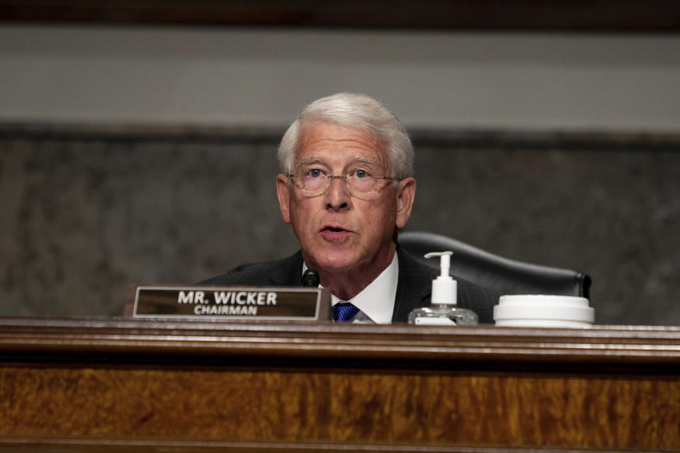 Senate Commerce, Science and Transportation Committee Chairman Roger Wicker, R-Miss., speaks as Federal Aviation Administration administrator Stephen Dickson testifies during a hearing of the Senate Commerce, Science, and Transportation Committee on Capitol Hill on Wednesday, June 17, 2020, in Washington. (Graeme Jennings/Pool via AP)