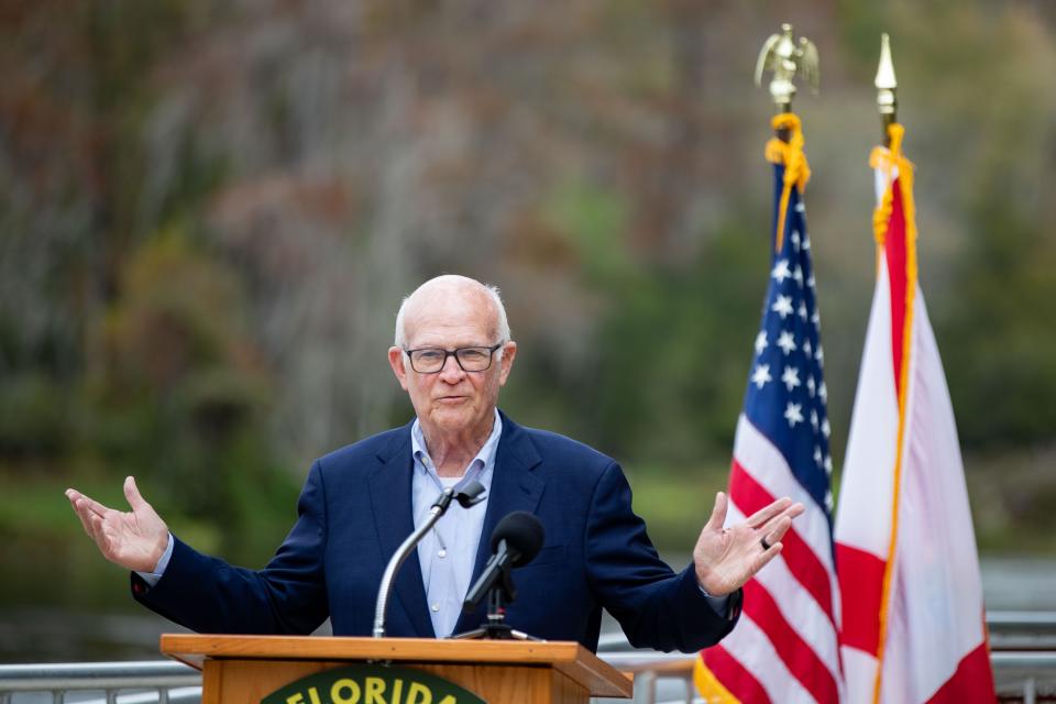 Sen. Dennis Baxley gives brief remarks during a press conference for the fleet of new boats acquired by Wakulla Springs State Park on Friday, Nov. 17, 2023.