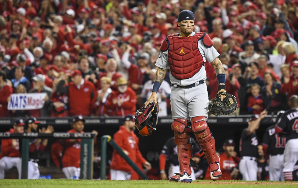 WASHINGTON, DC - OCTOBER 15: St. Louis Cardinals catcher Yadier Molina (4) looks on in a rough first inning of Game Four of the NLCS between the Washington Nationals and the St. Louis Cardinals at Nationals Park. (Photo by Jonathan Newton /The Washington Post via Getty Images)