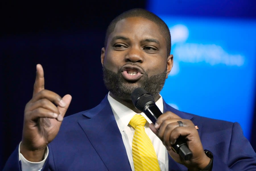 FILE – Rep. Byron Donalds, R-Fla., speaks at a convention, June 15, 2024, in Detroit. Former President Donald Trump has narrowed his vice presidential shortlist to a handful of contenders that include Donalds, as he prepares to announce his pick in the days before, or perhaps at, next month’s Republican National Convention. Trump told reporters Saturday, June 22, that he already has made his decision and that that person will be in attendance Thursday night in Atlanta at the first debate of the general election campaign with Democratic President Joe Biden.(AP Photo/Carlos Osorio, File)