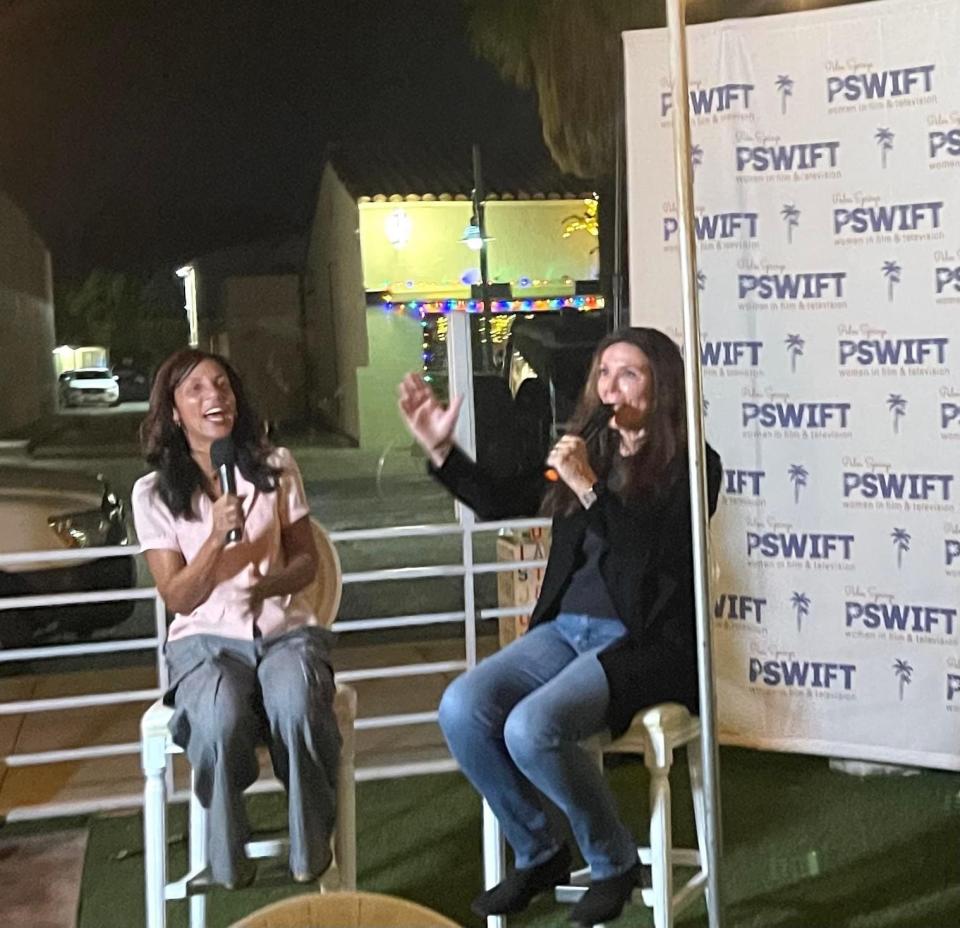 Kim Waltrip moderates a discussion with Maisha Closson at the 2023-24 season opener of Palm Springs Women in Film & Television (PSWIFT) on Nov. 17, 2023.