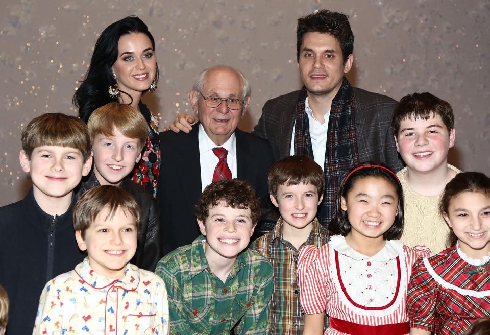 NEW YORK, NY - DECEMBER 12: (L-R) Katy Perry, Richard Mayer and John Mayer pose for photos with cast members from "A Christmas Story, The Musical" Broadway Performance at Lunt-Fontanne Theatre on December 12, 2012 in New York City. (Photo by Astrid Stawiarz/Getty Images)