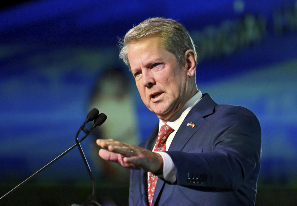 FILE - Georgia Gov. Brian Kemp speaks during a Georgia Chamber Congressional Luncheon at The Classic Center, Aug. 8, 2023, in Athens, Ga. Some Republican legislative leaders say they want to examine broader health care coverage through Georgia's Medicaid program in 2024, while Kemp has supported a narrower expansion. (Hyosub Shin/Atlanta Journal-Constitution via AP, File)