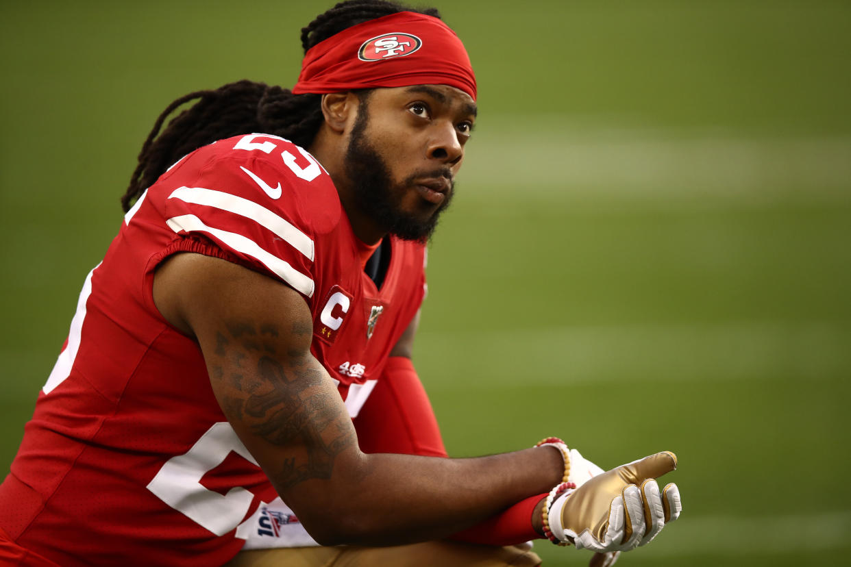 SANTA CLARA, CALIFORNIA - JANUARY 19: Richard Sherman #25 of the San Francisco 49ers looks on during the NFC Championship game against the Green Bay Packers at Levi's Stadium on January 19, 2020 in Santa Clara, California. (Photo by Ezra Shaw/Getty Images)