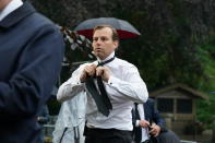 <p>BBC reporter James Cook putting on a black tie outside Balmoral in Scotland. The Queen died peacefully at Balmoral this afternoon, Buckingham Palace has announced. Picture date: Thursday September 8, 2022. (Photo by Andrew Milligan/PA Images via Getty Images)</p> 