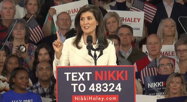 PHOTO: Former U.S. ambassador to the United Nations Nikki Haley announces her run for the 2024 Republican presidential nomination at a campaign event in Charleston, South Carolina, Feb. 15, 2023. (ABC News)