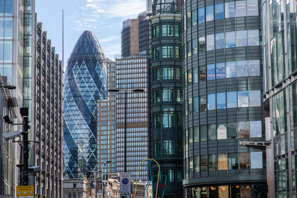 Office buildings in the City of London. With large numbers of companies continuing to allow their staff to work from home, usually busy business districts are still quiet, and local shops and services are suffering as a result. Picture date: Wednesday August 5, 2020. Photo credit should read: Matt Crossick/Empics