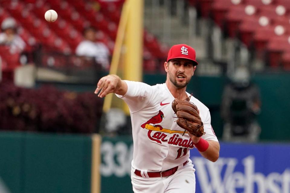 St. Louis Cardinals shortstop Paul DeJong throws across the diamond during a game in the 2021 season. DeJong’s role with the 2023 club is still unclear.
