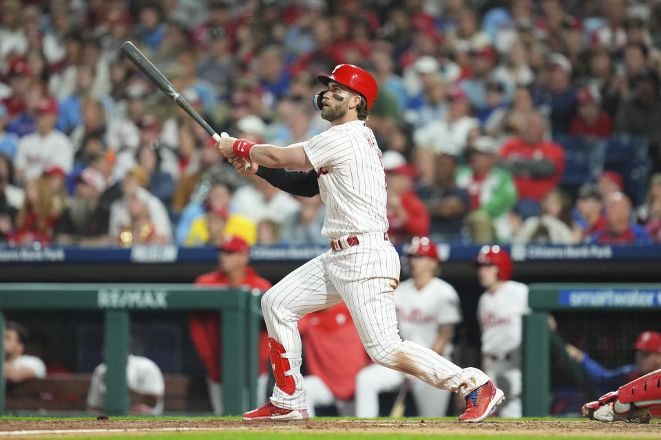 Bryce Harper傷癒回歸後敲出本季首轟，但仍無法幫助球隊終止連敗。(Photo by Mitchell Leff/Getty Images)