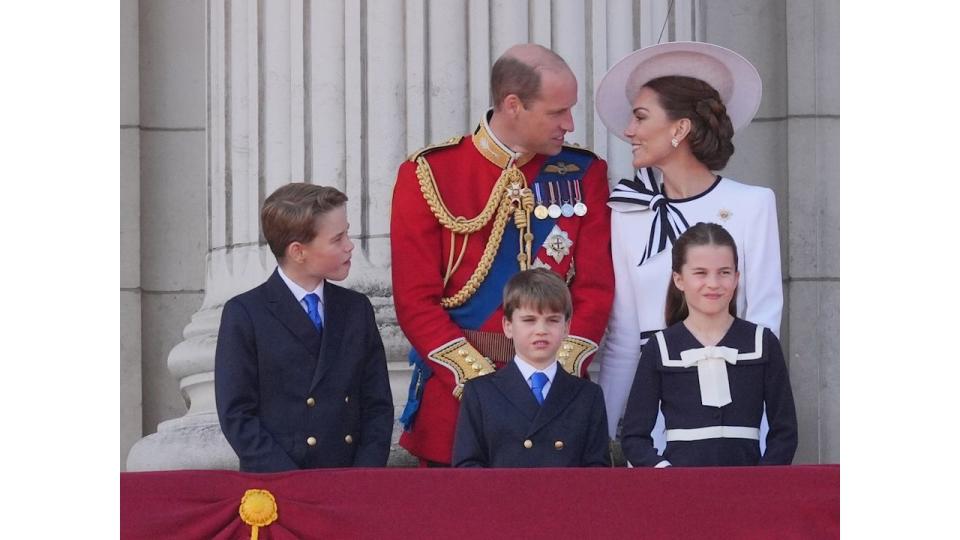 Prince George, the Prince of Wales, Prince Louis, the Princess of Wales and Princess Charlotte on the balcony of Buckingham Palace, London, to view the flypast following the Trooping the Colour ceremony