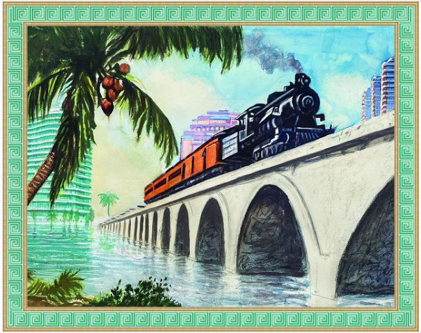 One painting depicts a 19th-century locomotive steaming across Flagler’s original overseas railroad, from a photograph taken in the Florida Keys. But in Serge Strosberg’s painting, the old train steams past Phillips Point, The Bristol and other modern-day West Palm Beach landmarks on its way to old Palm Beach.