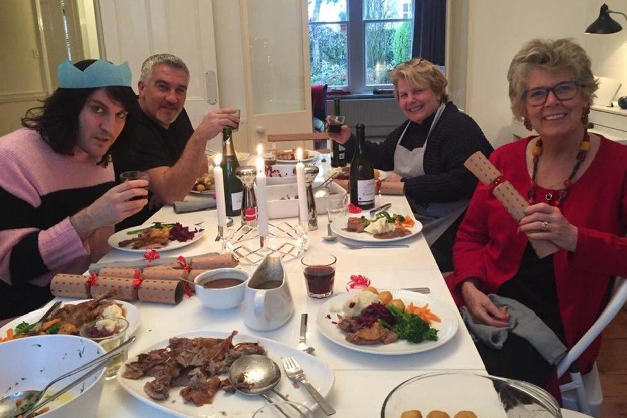 Festive feast: Noel Fielding, Paul Hollywood, Sandi Toksvig and Prue Leith: Twitter/ Prue Leith