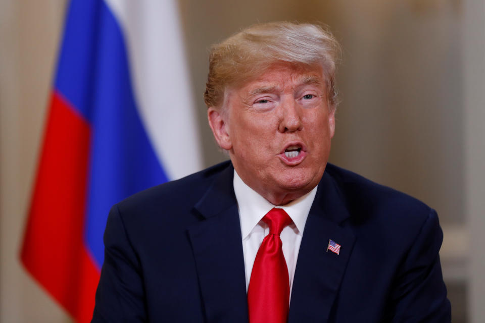 Trump at a press conference with Putin after their meeting in Helsinki, July 16, 2018. Trump backed Putin&rsquo;s denial of interference in the 2016 presidential election, contrary to U.S. intelligence agencies&rsquo; conclusions. (Photo: Kevin Lamarque / Reuters)