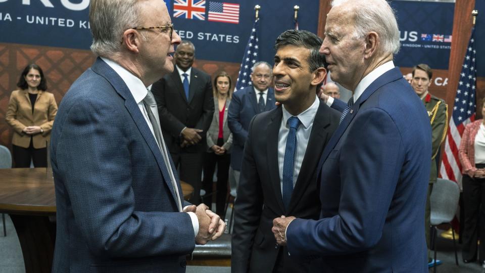 From right, U.S. President Joe Biden greets British Prime Minister Rishi Sunak and Australian Prime Minister Anthony Albanese at the AUKUS bilateral meeting in San Diego, Calif., on March 13, 2023. (Chad McNeeley/U.S. Defense Department)