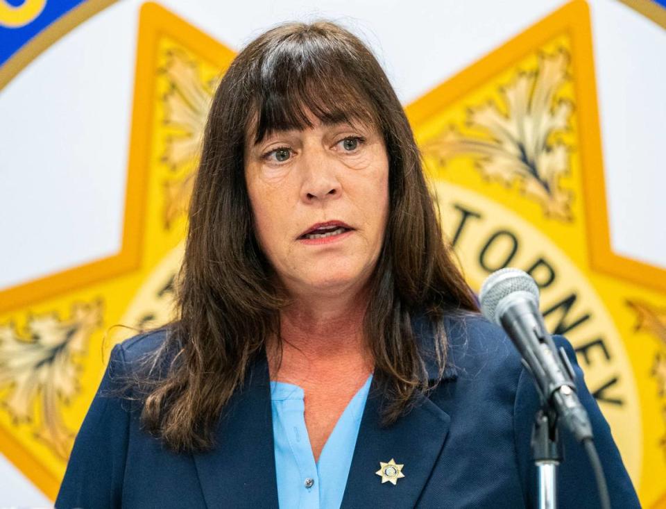 Sutter County District Attorney Jennifer Dupré goes through the details of “Operation Broken Sword” during a news conference at the Yuba City Police Department on Monday.
