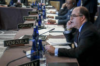 FILE - In this Sept. 23, 2019, file photo, Julio Borges, a Venezuelan opposition leader, participates in a meeting organized by the Organization of American States to discuss sanctions on Venezuela in New York. Borges, a former Venezuelan lawmaker is now exiled in Colombia. (AP Photo/Bebeto Matthews, File)