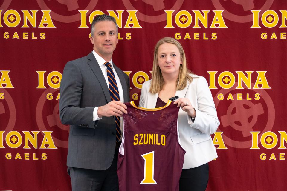 Iona Director of Athletics Matt Glovaski (left) poses with Iona's new women's basketball coach Angelika Szumilo (right) on Monday, April 24, 2023.