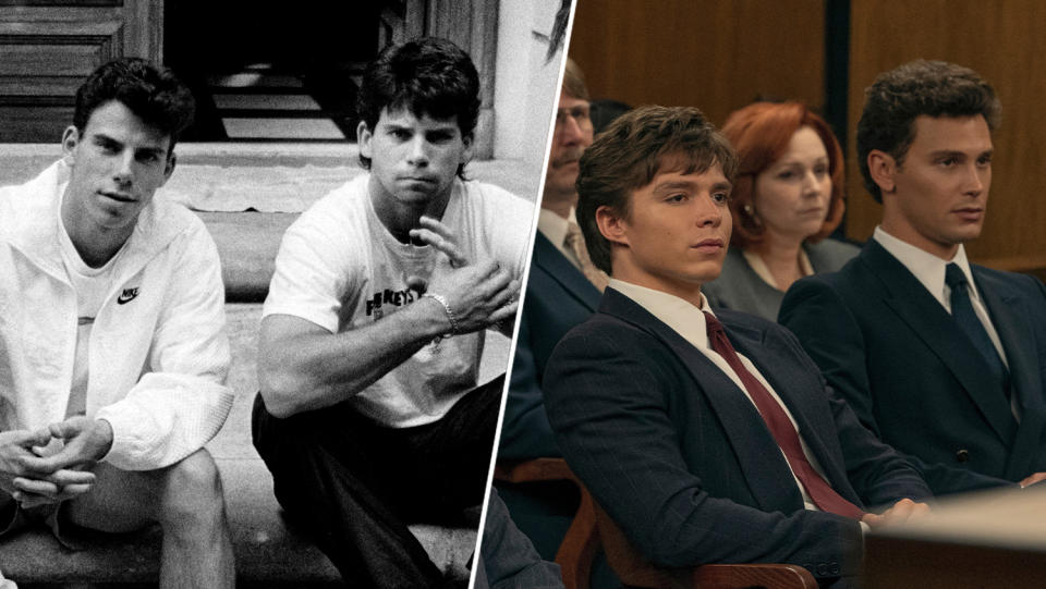 A black-and-white photo of Erik and Lyle Menéndez sitting on their front steps in 1989; a 'Monsters' still of Nicholas Alexander Chavez and Cooper Koch as the Menéndez brothers sitting in court