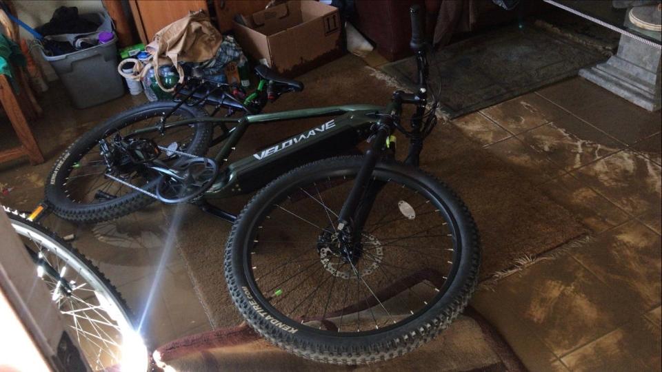 A brand new electrical bike is damaged in a flood due to a water main break in Desert Hot Springs.