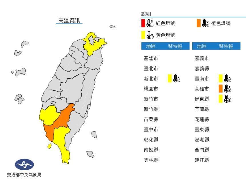 氣象局下午針對新北市、台南市、高雄市、屏東縣發布高溫燈號。（氣象局提供）