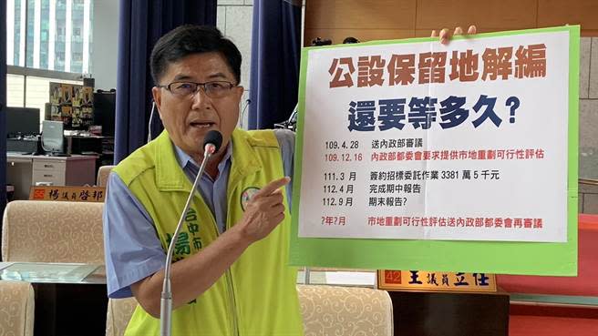 台中市議員楊典忠指出，內政部要求市府提供「市地重劃可行性評估報告」，市府至今還沒送，市民權益被市府拖延。（楊典忠提供／張亦惠台中傳真）