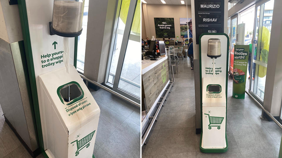 "Help yourself to a shopping trolley wipe," Woolworths supplies customers with wipes to clean their trolley. Source: Supplied/Euan Black