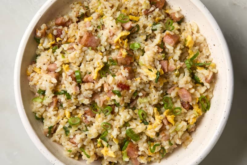 Spam fried rice in a bowl.