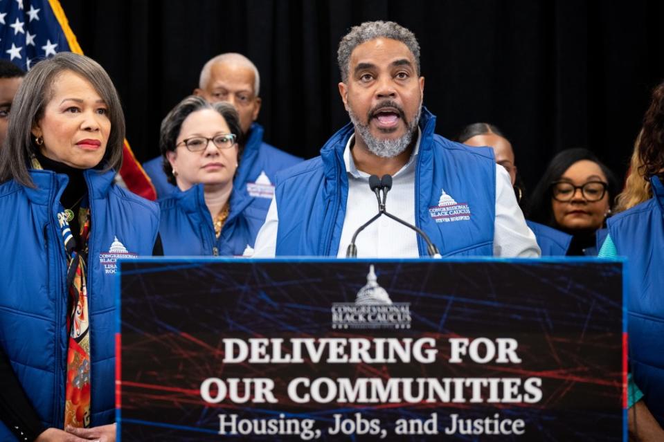BALTIMORE – MARCH 2: CBC chair Rep. Steven Horsford, D-Nev., speaks during the Congressional Black Caucus news conference at the House Democrats 2023 Issues Conference in Baltimore, Md., on Thursday, March 2, 2023. (Bill Clark/CQ-Roll Call, Inc via Getty Images)