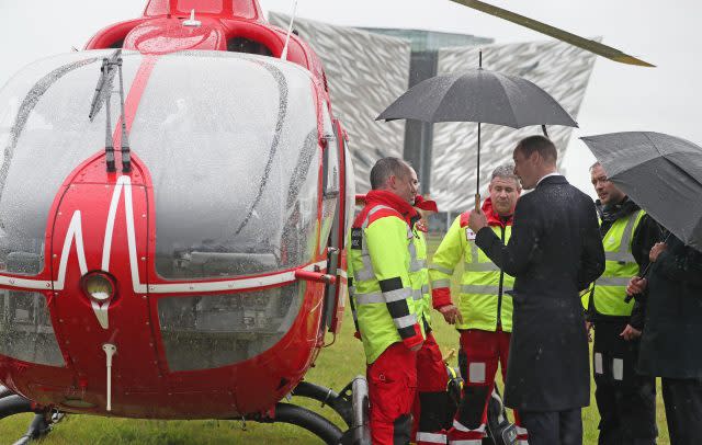 The Duke of Cambridge sees one of the helicopters from the recently-established Northern Ireland Air Ambulance