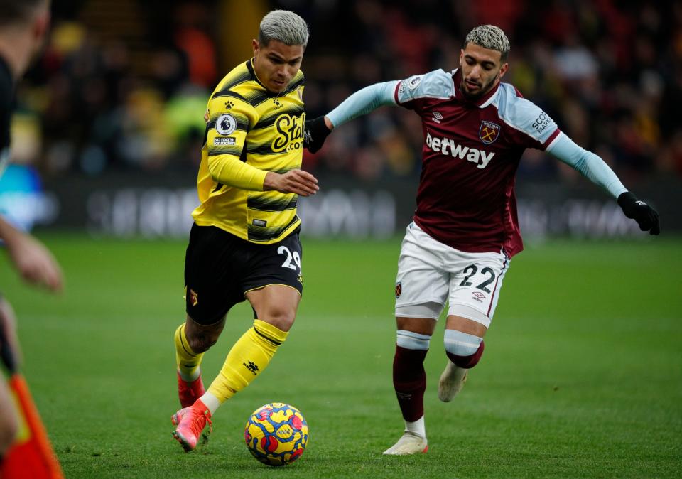 The Crew paid a transfer fee between $10 million to $10.5 million to acquire Cucho Hernandez (left), who most recently played for Watford in the English Premier League.