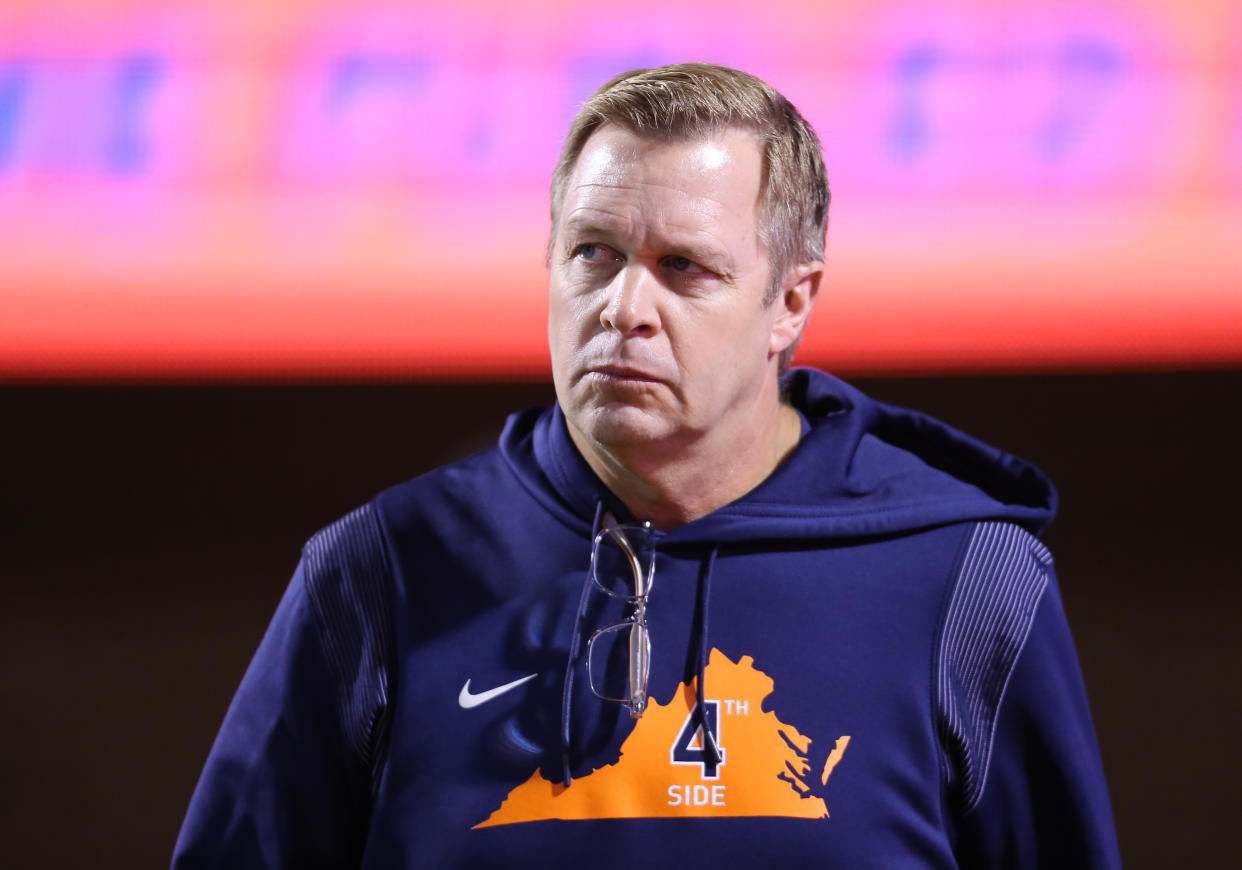 CHARLOTTESVILLE, VA - OCTOBER 23: Virginia Cavaliers head coach Bronco Mendenhall looks on during a game between the Georgia Tech Yellow Jackets and the Virginia Cavaliers on October 23, 2021, at Scott Stadium in Charlottesville, VA (Photo by Lee Coleman/Icon Sportswire via Getty Images)