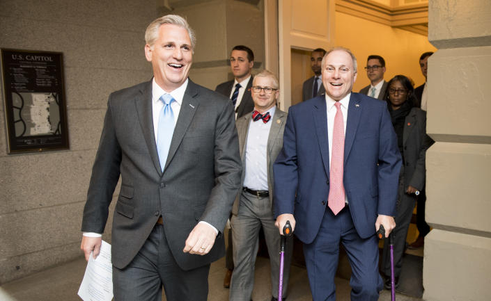 From left, House Majority Leader Kevin McCarthy, R-Calif., Chief Deputy Whip Patrick McHenry, R-N.C., and House Majority Whip Steve Scalise, R-La., arrive for the House Republican Conference meeting in the basement of the Capitol on April 11. (Photo: Bill Clark/CQ Roll Call/Getty Images)