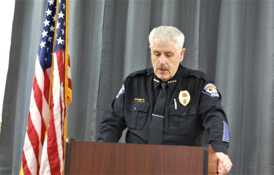 Farmington police Chief Steve Hebbe responds to questions from the media during an April 7 press conference at police headquarters in the wake of the Robert Dotson shooting.